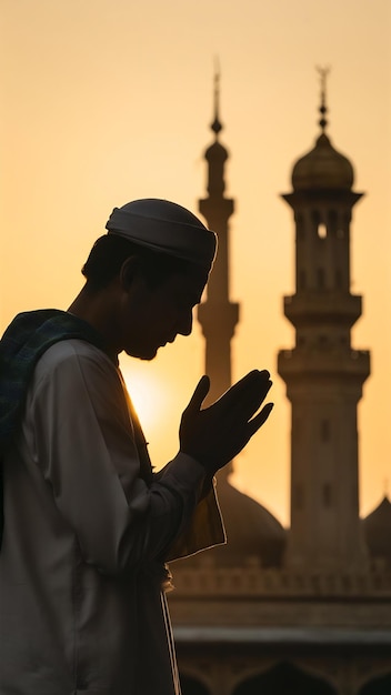 Silhouette of muslim man praying