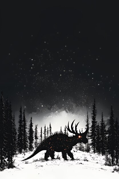 Photo silhouette of a mythical creature in a snowy forest at night