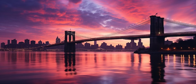 Silhouette of New York City skyline with Brooklyn Bridge in the foreground dawn breaking soft pink a