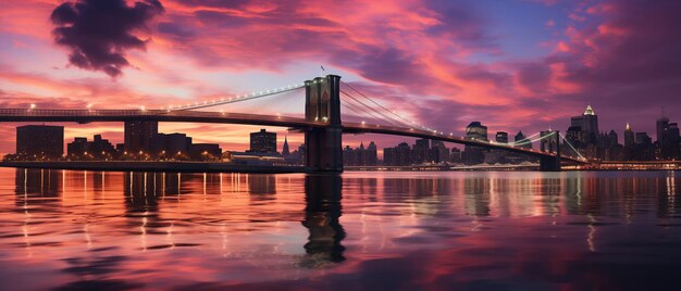 Silhouette of New York City skyline with Brooklyn Bridge in the foreground