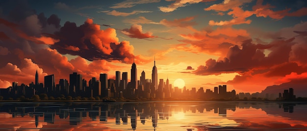 silhouette of New York City skyline with iconic buildings and landmarks dramatic sunset backdrop