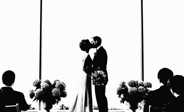 Photo silhouette of newlywed couple kissing during ceremony with guests and floral arrangements