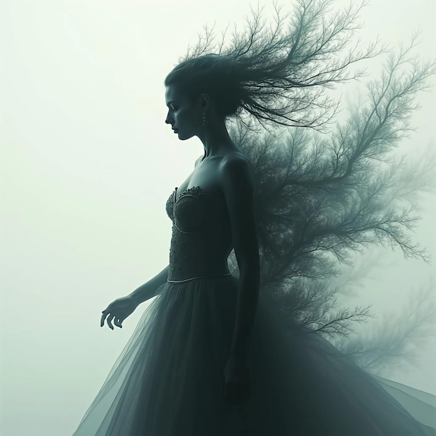 Photo silhouette of a nordic queen filled with a forest with double exposure