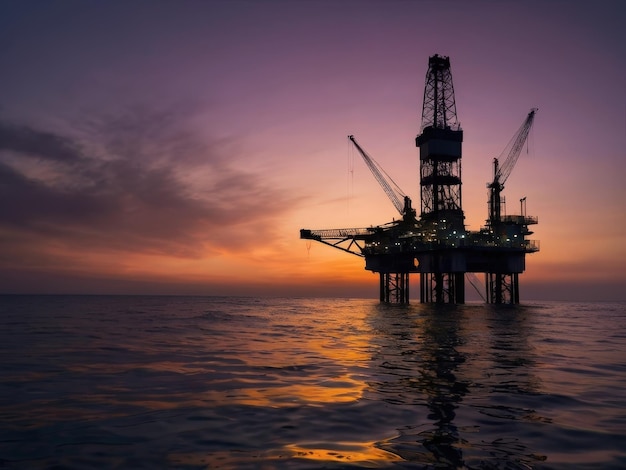 Silhouette of an Oil Rig in the Ocean at Dusk Photo landscape sea photo realistic AI Generative