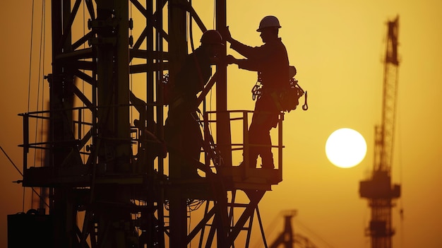 A silhouette of an oil worker climbing onto the top platform at dawn