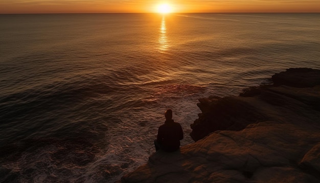 Silhouette of one person at tranquil waters edge generated by AI