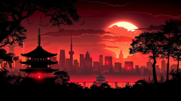 Photo silhouette of a pagoda against a red city skyline