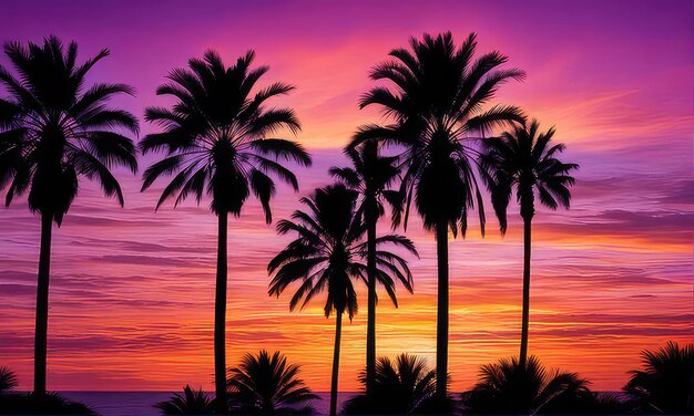 Photo silhouette of palm trees against a vibrant skyat sunset warm