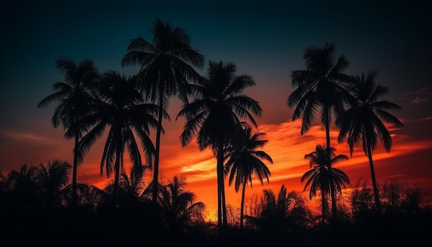 Silhouette palm trees back lit by sunset generated by AI