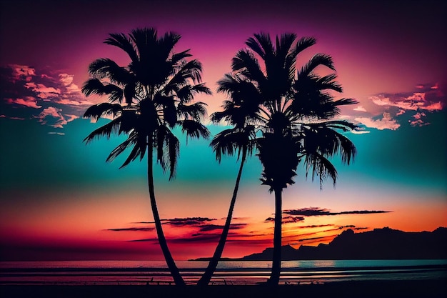 Silhouette of palm trees on the beach at sunset timegenerative ai