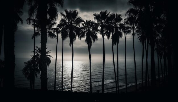 Silhouette of palm trees at dusk by water generated by AI