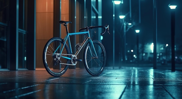 Silhouette of a parked bicycle in a park on a foggy night in autumn