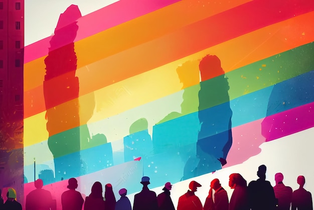 Silhouette of people on the background of the rnbow city Pride concept