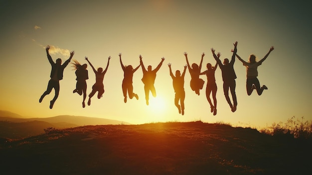 Silhouette of People Jumping at Sunset for Friendship and Team Success