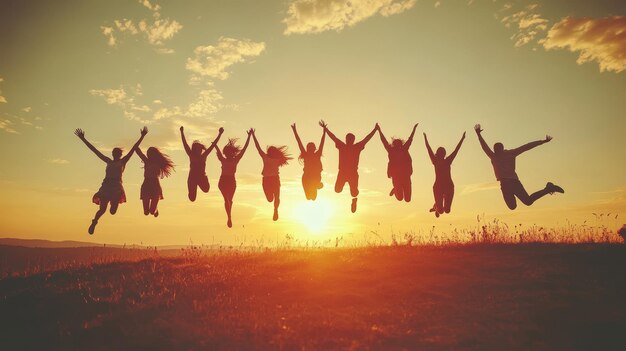 Silhouette of People Jumping at Sunset for Friendship and Team Success