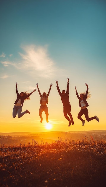 Photo silhouette of people jumping at sunset for friendship and team success