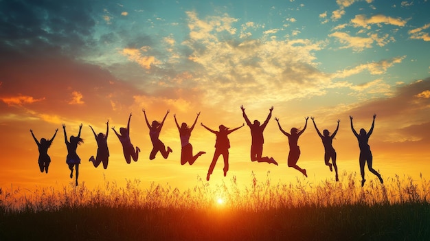 Silhouette of People Jumping at Sunset for Friendship and Team Success