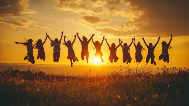 Silhouette of People Jumping at Sunset for Friendship and Team Success