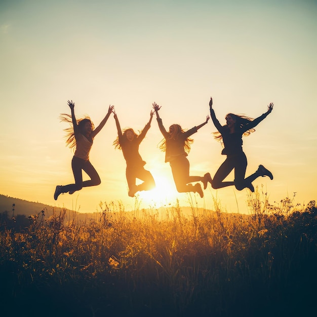 Silhouette of People Jumping at Sunset for Friendship and Team Success