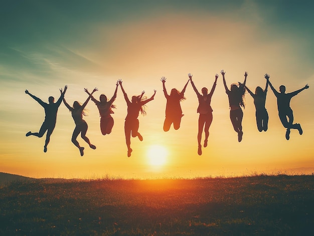 Silhouette of People Jumping at Sunset for Friendship and Team Success