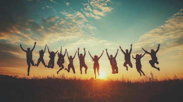 Silhouette of People Jumping at Sunset for Friendship and Team Success