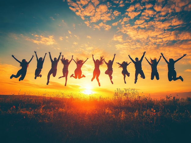 Silhouette of People Jumping at Sunset for Friendship and Team Success