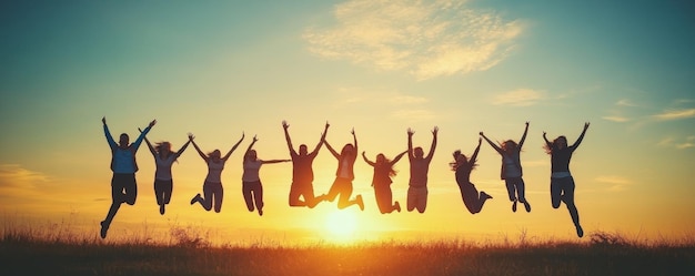 Silhouette of People Jumping at Sunset for Friendship and Team Success