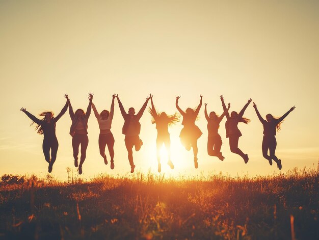 Silhouette of People Jumping at Sunset for Friendship and Team Success