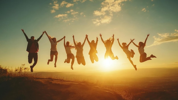 Silhouette of People Jumping at Sunset for Friendship and Team Success