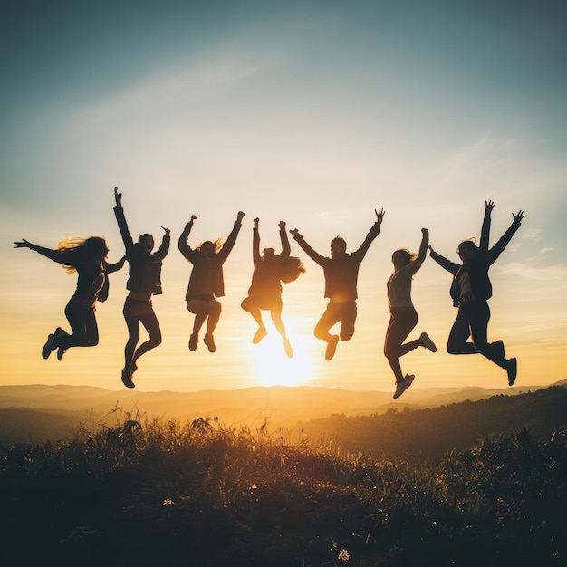 Silhouette of People Jumping at Sunset for Friendship and Team Success