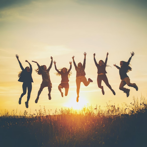 Silhouette of People Jumping at Sunset for Friendship and Team Success