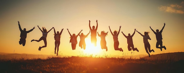 Silhouette of People Jumping at Sunset for Friendship and Team Success