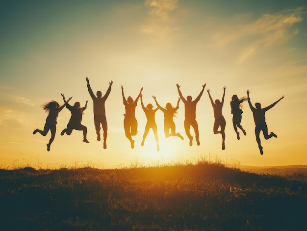 Silhouette of People Jumping at Sunset for Friendship and Team Success