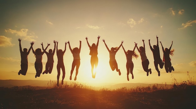 Silhouette of People Jumping at Sunset for Friendship and Team Success