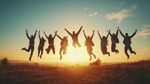 Silhouette of People Jumping at Sunset for Friendship and Team Success