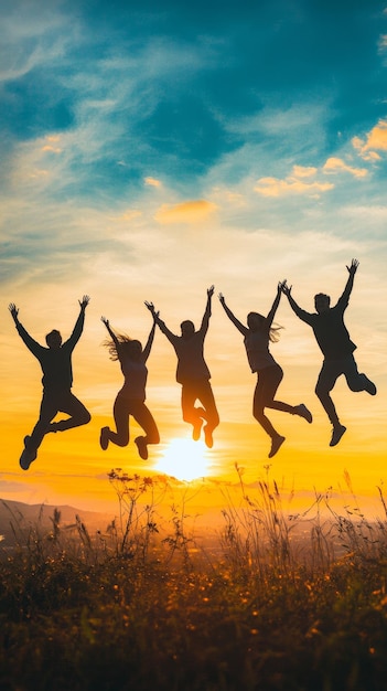 Silhouette of People Jumping at Sunset for Friendship and Team Success