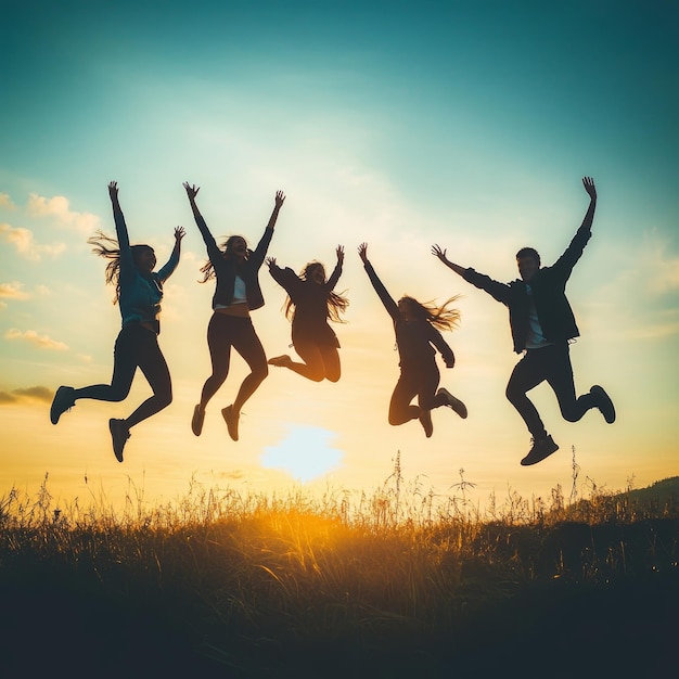 Silhouette of People Jumping at Sunset for Friendship and Team Success