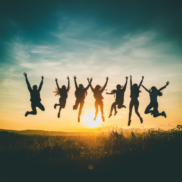 Photo silhouette of people jumping at sunset for friendship and team success