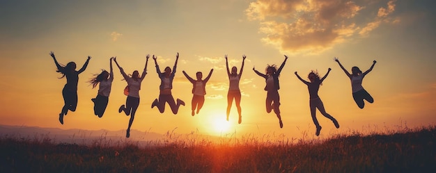 Silhouette of People Jumping at Sunset for Friendship and Team Success