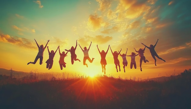 Silhouette of People Jumping at Sunset for Friendship and Team Success