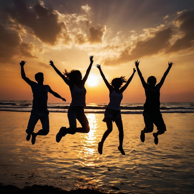 Photo the silhouette of people jumping with sunset background of happiness joyful life