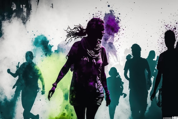 Silhouette of People Playing With Colors in Holi festival.