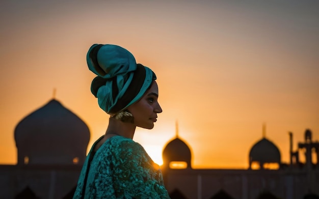 Silhouette of a Persian woman in national dress against the background of traditional Iranian