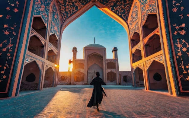 Silhouette of a Persian woman in national dress against the background of traditional Iranian