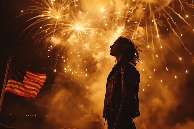 Silhouette of a person admiring fireworks with the American flag at night