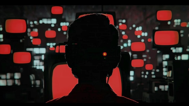 Silhouette of a Person Against a Wall of Red Screens