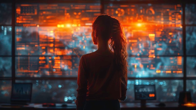 Silhouette of a person analyzing data on futuristic digital screens in a dark room showcasing techno