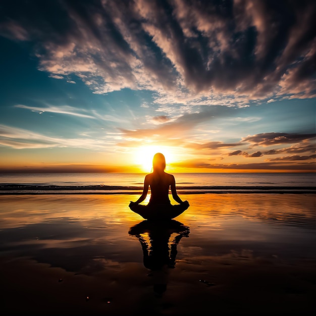 a silhouette of a person at the beach meditating