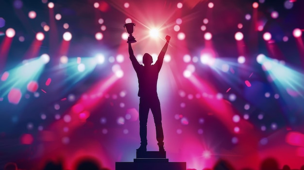 Photo silhouette of a person celebrating a victory with a trophy surrounded by colorful lights in a vibran