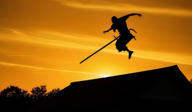 A silhouette of a person doing a trick with a skateboard in the sunset